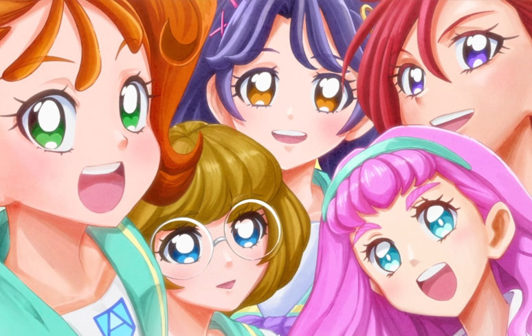 Imagem: Todas as Precure com roupas civis em uma ilustração que parece pintura feita à mão.