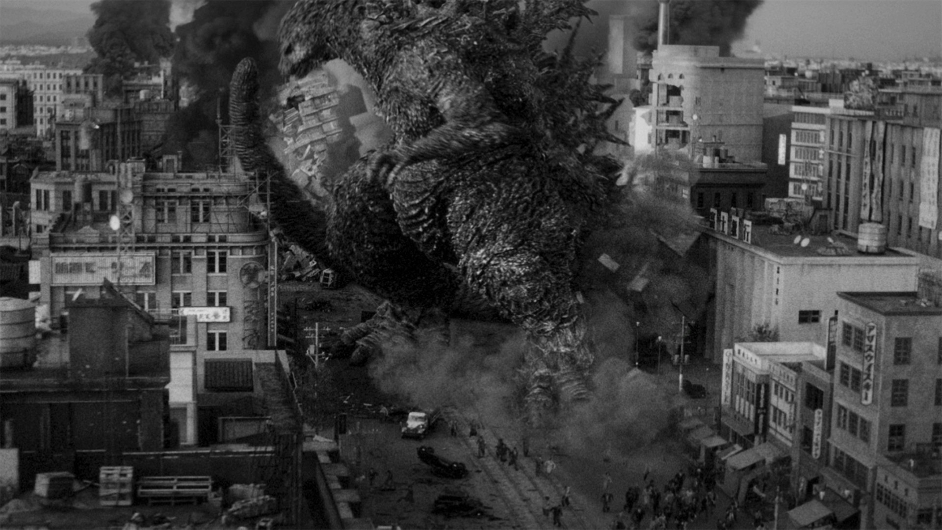 imagem: godzilla minus one em preto e branco.